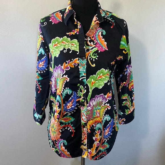 Ralph Lauren Women’s 100% Cotton Floral Blouse Button Down Shirt 3/4 Sleeve Sz L - Picture 1 of 8